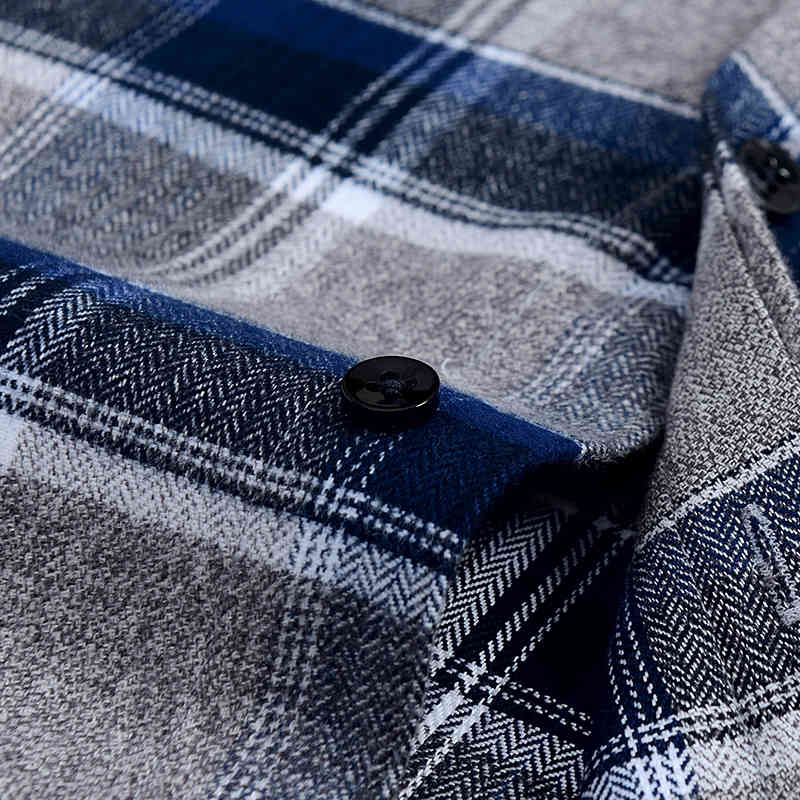 Men's Brushed Cotton Plaid Casual Shirt Single Patch Pocket Long Sleeve Standard-fit Comfortable Flannel Thick Gingham Shirts 210506