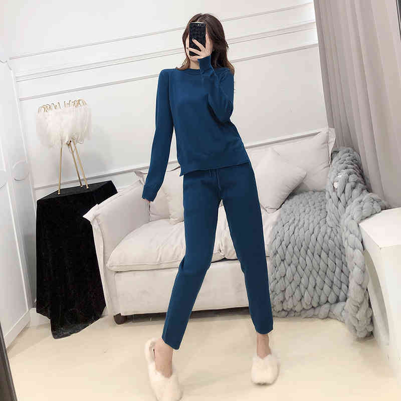Two Piece Knitting Suit Casual Fashion Temperament Women's O Neck Long Sleeve Home Winter Indoor Warm 210506
