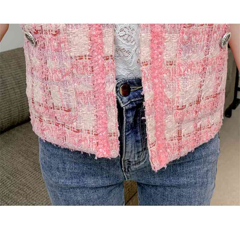 Temperament Ladies Korea Style Pink Plaid Tweed Women Short Sleeve Jacket Spring Elegant Female Fashion Casual OL Cardigan 210519