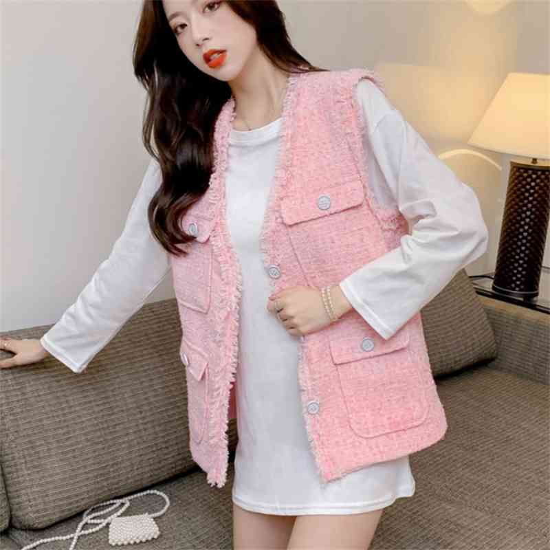 Spring Pink Tweed Vest Women's Fashion Cardigan Retro Solid Sleeveless Single Breasted Casual Tassel Coat 210519