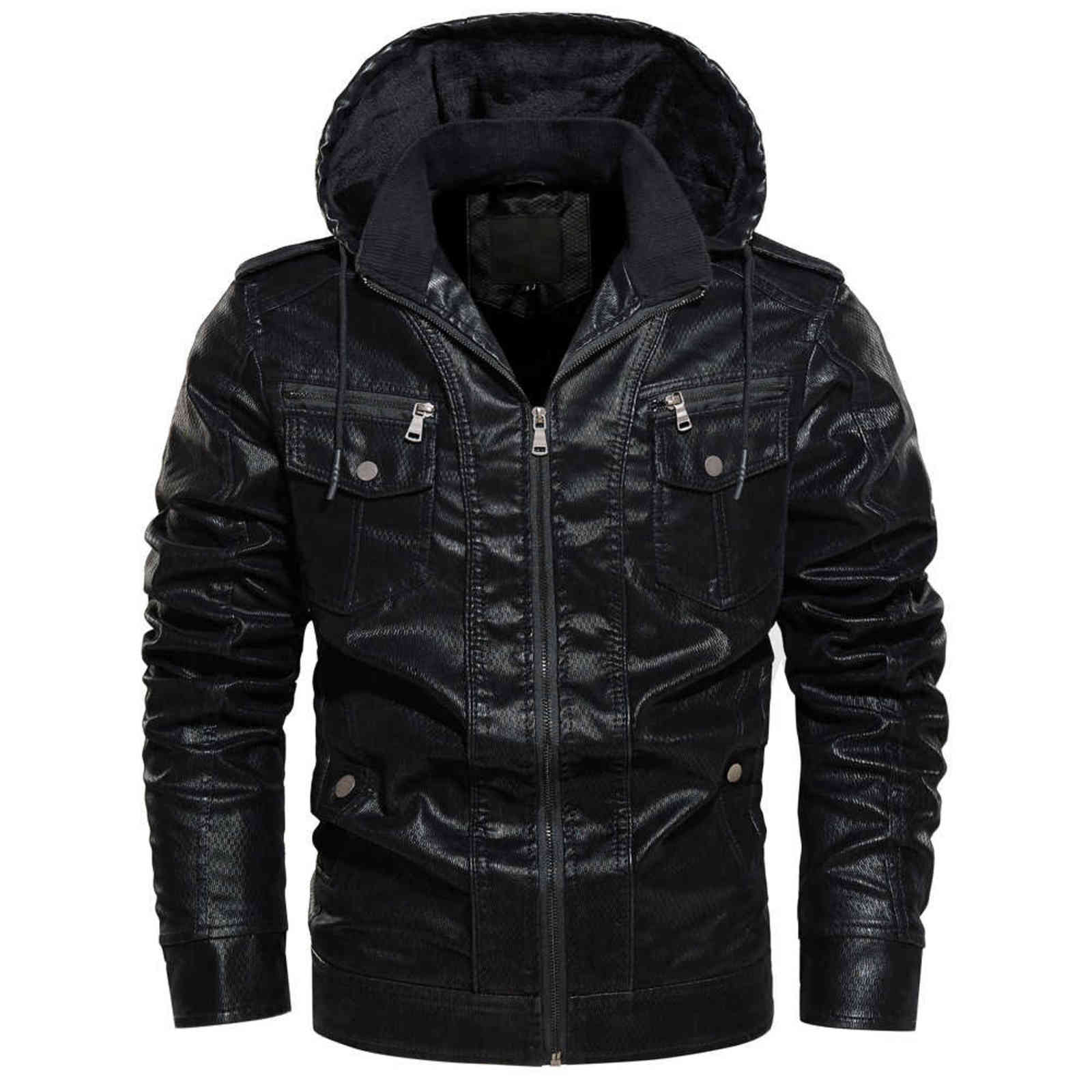 Leather Jacket Men Outwear Fashion Hooded Punk Style Vintage Motorcycle Jacket Men Outdoor Fashion Hooded Biker Jacket PU 211110