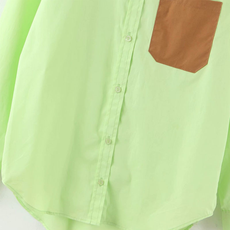 Harajuku Lapel Long-sleeved Pocket Single-breasted Fluorescent Green Chic Women's Shirt Versatile Hit Color Female Shirt Tops 210507