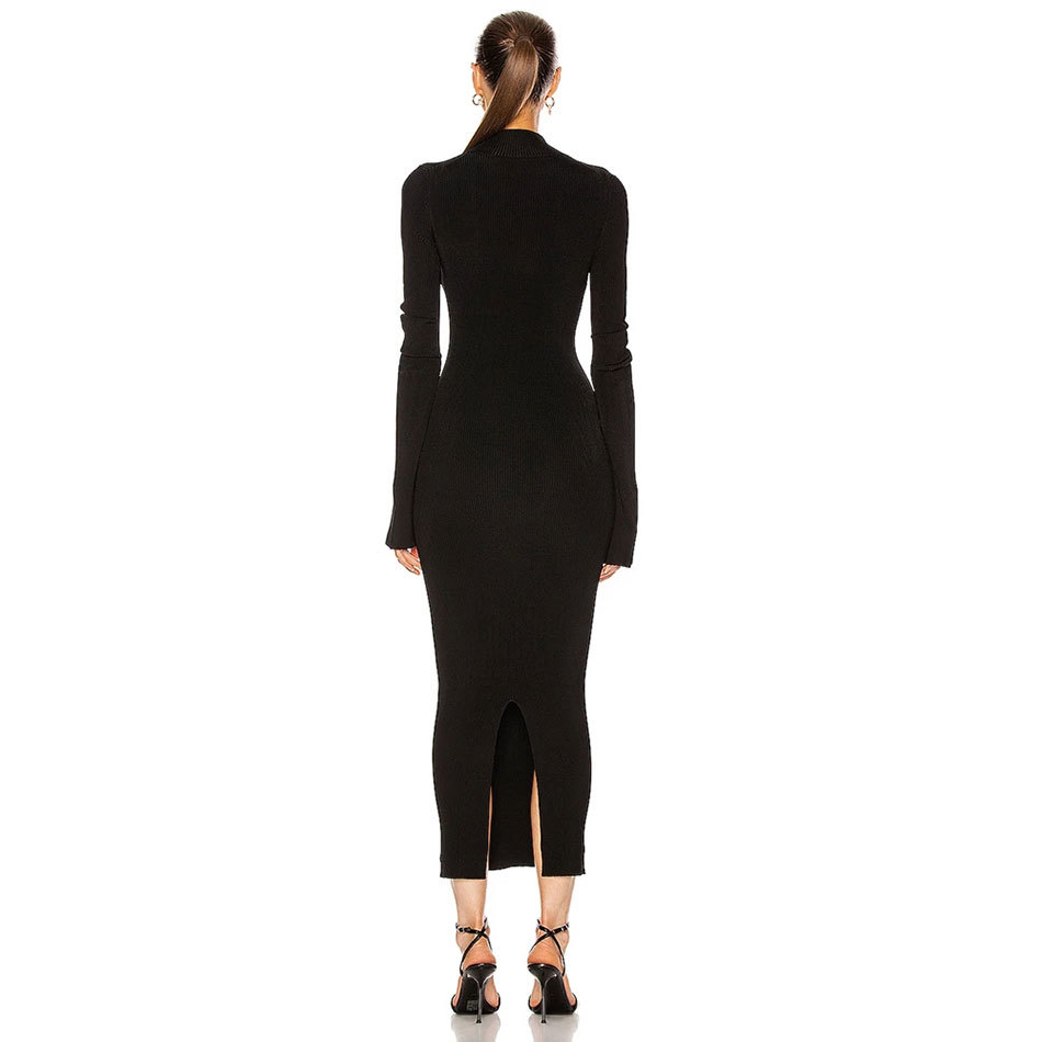 Free Women Knit Dress Sexy Stand Collar Long Sleeve Hollow Black Bodycon Club Midi Celebrity Party 210524