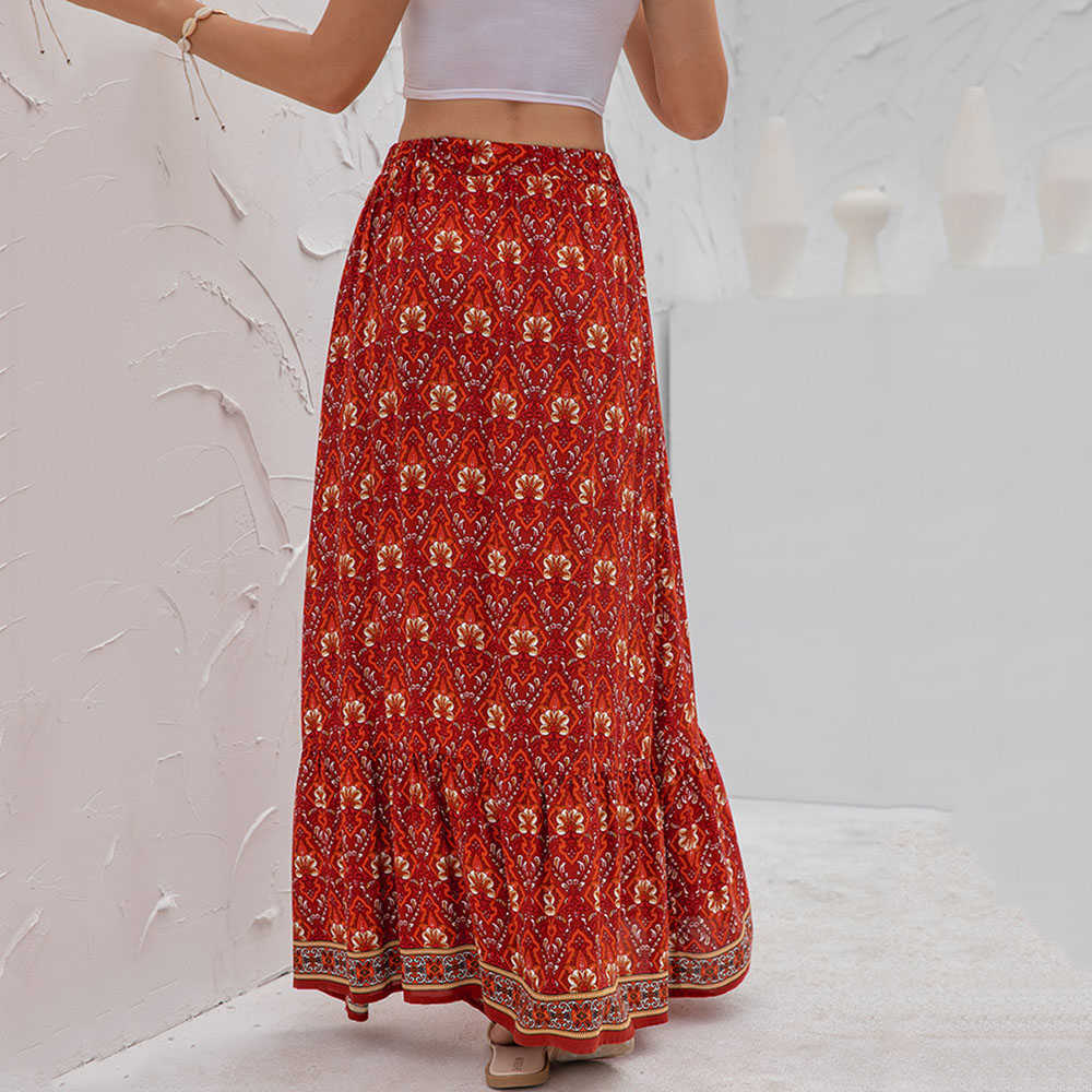 Women Clothing Casual Boho Print Lace Up Maxi Skirts Summer Fashion Empire Loose Long Skirt Green Slit Beach Womens 210621