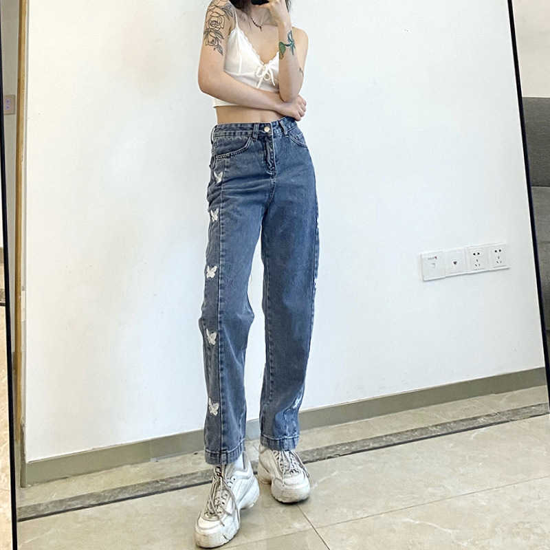 Summer Vintage Jeans Casual Woman Long Trousers Cowboy Female Loose Streetwear Butterfly Pants trousers 210524