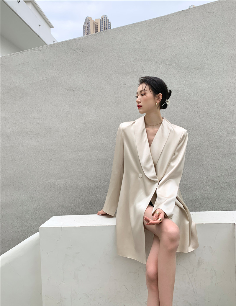 Autumn Satin Blazer Women Beige Double Breasted Ladies Elegant Coats And Jackets Korean Outerwear 210427