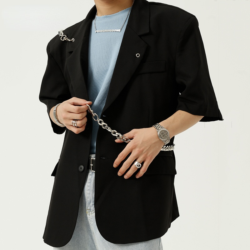 Men's Clothing 2021 New Black Summer Blazers Personality Chain Design Suit Jacket Men's Short Sleeve Coat Korean, White;black 
Men's Clothing 2021 New Black Summer Blazers Personality Chain Design Suit Jacket Men's Short Sleeve Coat Korean, White;black