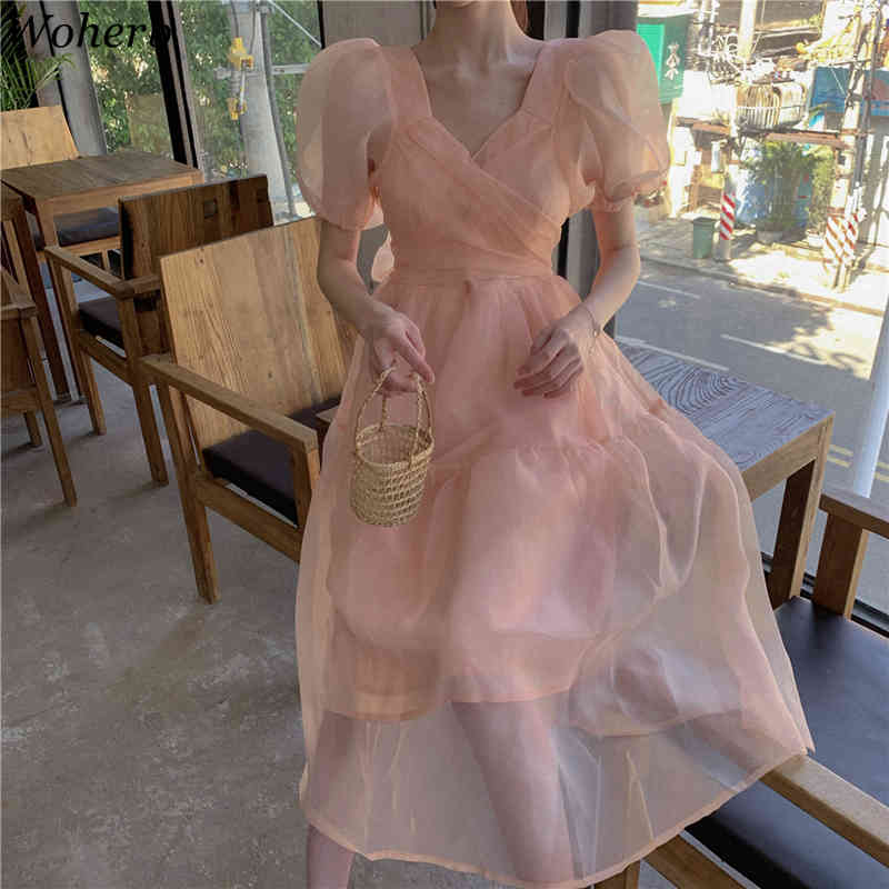 Women Dress Chic Elegant Robe Summer Temperament Gentle Puff Short Sleeve Vestidos Sweet Gauze Korean Slim Dresses 210519