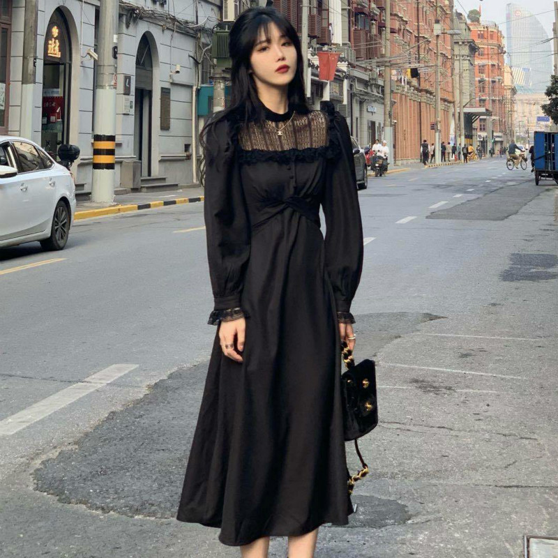 Gothic Black Dress Women Spring Casual Lace Long Sleeve Dress Korean Evening Party Elegant Midi Dress Female 210521