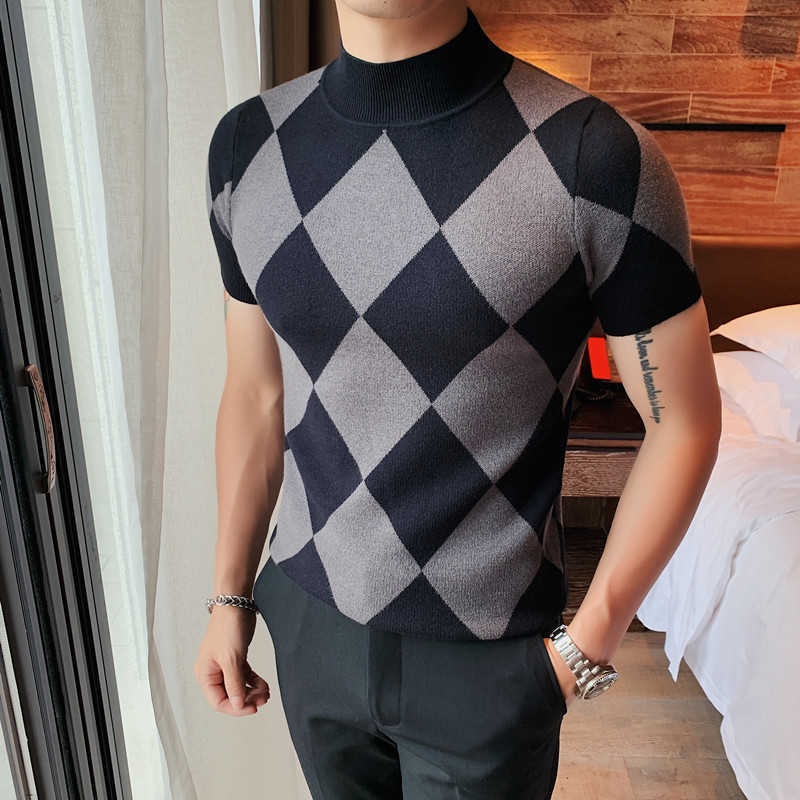 British Style Autumn Winter Short Sleeve Sweater Men Clothing Fashion Diamond Lattice Turtleneck All Match Casual Slim Pullovers 211018