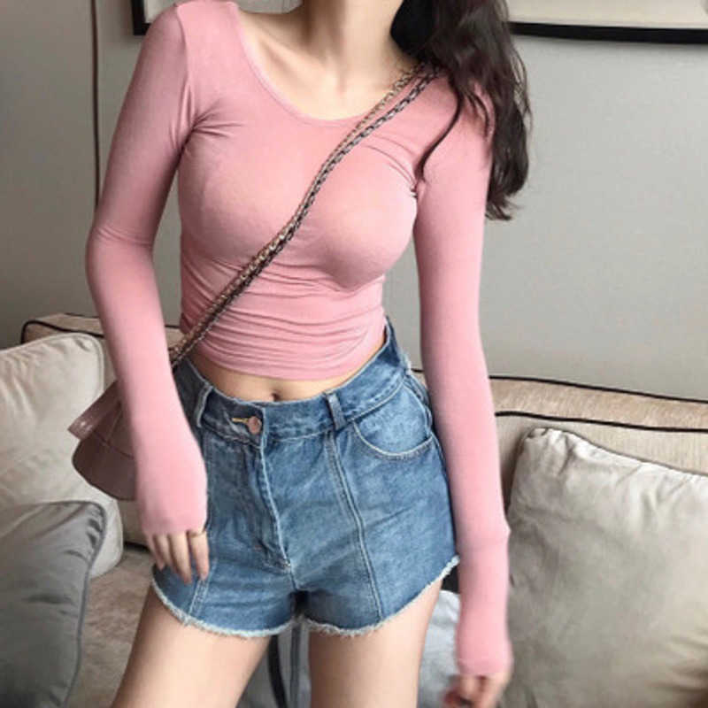WOMENGAGA Women's Round Neck Slim Tight Top Thin Long Sleeve Pink T-shirt Bottomed Tees Cotton Z5OG 210603