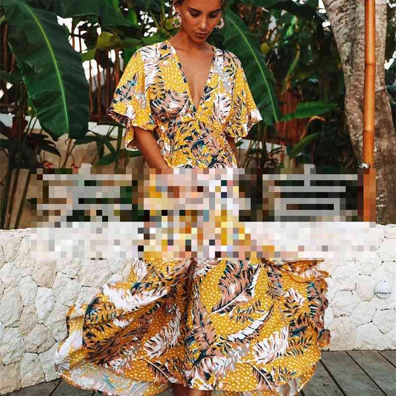 Women Dress Deep V Neck Short Sleeve Printed Bohemia es Sexy Long Print Floral Maxi Summer Beach es 210524
