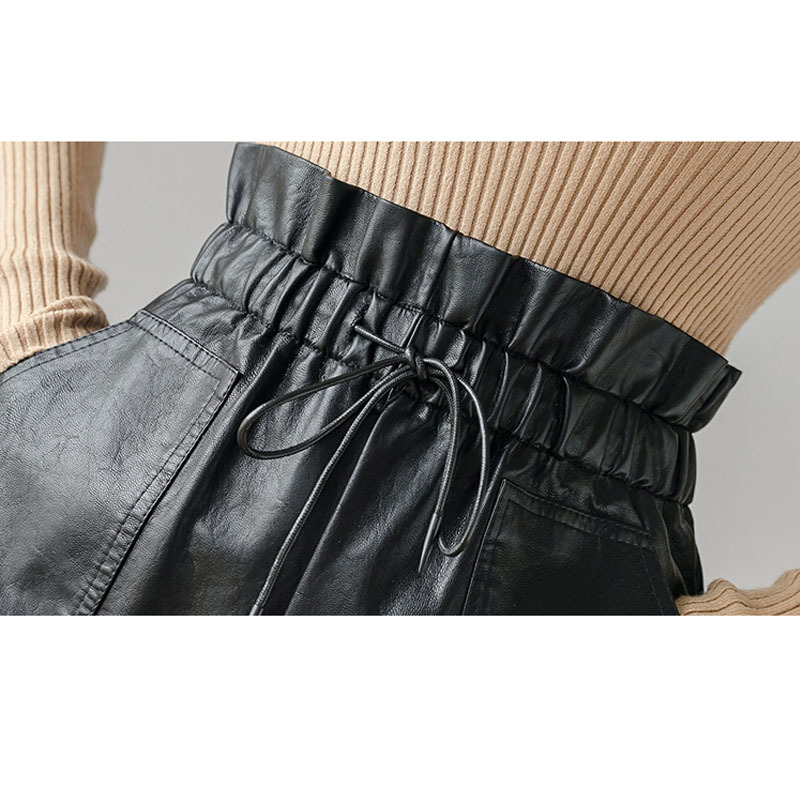 Korean Fashion Wide Leg Shorts with Drawstring A Line High Waist PU Leather Loose All-match Elastic 11062 210506