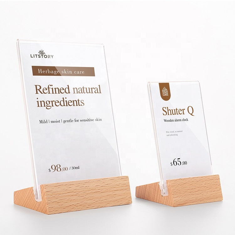 Wood Base Sign Holder L-shaped Slant Back Acrylic Material Restaurant Hotel A4 A5 A6
