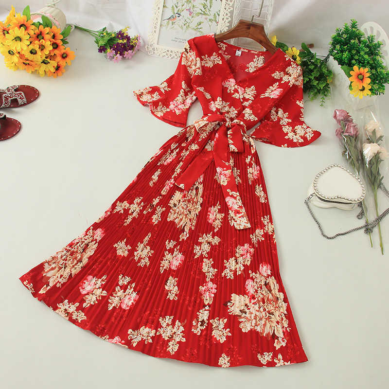 Ly Varey Lin Summer V Neck Flare Sleeve Chiffon Dress Women Vintage Floral Print High Waist Lace-up Pleated Midi Vestidos 210526