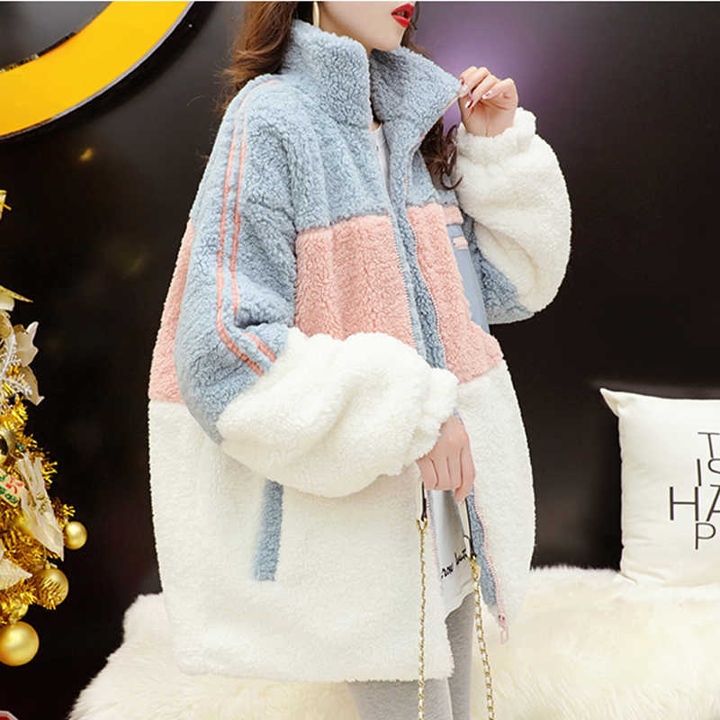 Zoki Winter Hairy Jacket Women Warm Loose Coats All Match Fur Wool Japan Cute Thick Ladies Clothes Long Sleeve Oversize Clothes 211019