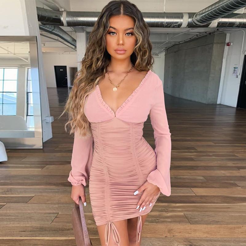 Women Clubwear Bodycon Mesh Dress Slim Long Sleeve Deep V-Neck Tassel Party Pencil Pleated Short Dresses 2021 Arrivals Casual