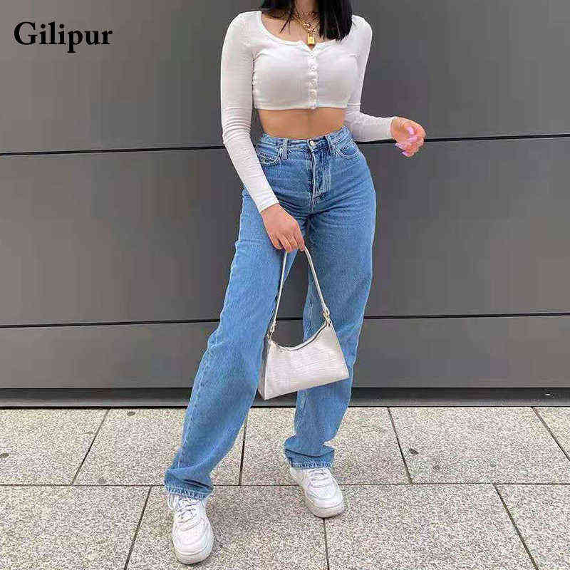 Jeans Women Fashion Mom Straight Leg Pants Washed Blue Casual Long Denim Trousers High Waist Streetwear 211129