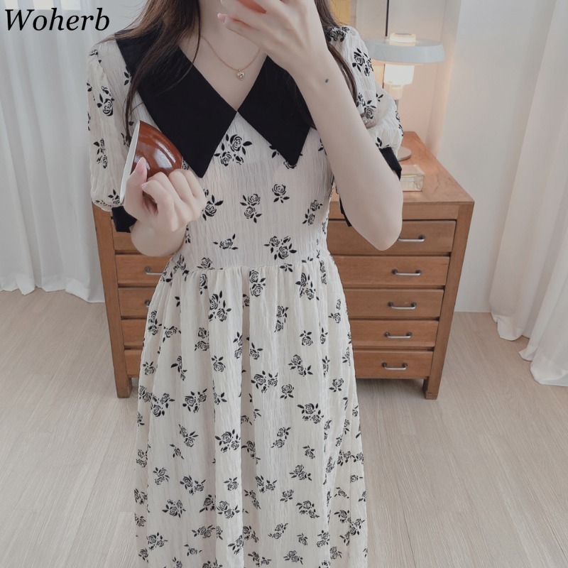 Vestido De Mujer Summer Chic Korean Dress Women Sweet Peter Pan Collar Floral Robe Slim Temperament Dresses 210519