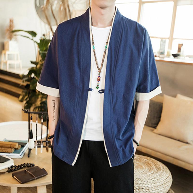 Men's Jackets Chinese Style Kungfu Jacket Summer Men Cotton Linen Loose Kimono Mens Short Sleeve Cardigan Male Solid Color Outerwear Open Co