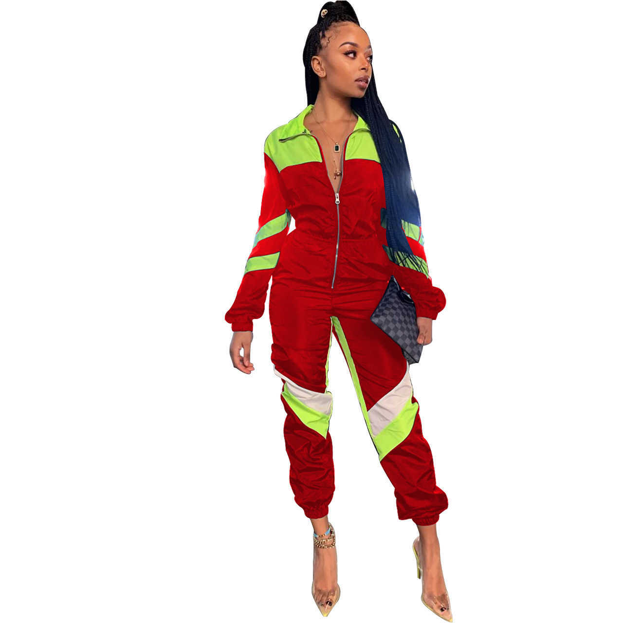 Winter Lady Turn-down Collar Zipper Jumpsuits Full Sleeve V-Neck Patchwork Night Club Party Casual Ogrodniczki Damskie 210604