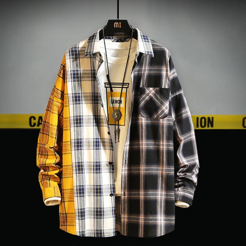 Men Oversized Cotton Plaid Shirt 2021 Man Hip Hop Patchwork Button Up Long Sleeve Couple Korean Harajuku Clothing Men's Casual Shirts