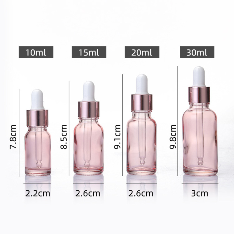Cherry Pink Glass Essential Oil Perfume Bottle Liquid Reagent Pipette Dropper Bottles with Rose Gold Cap 10-50ml