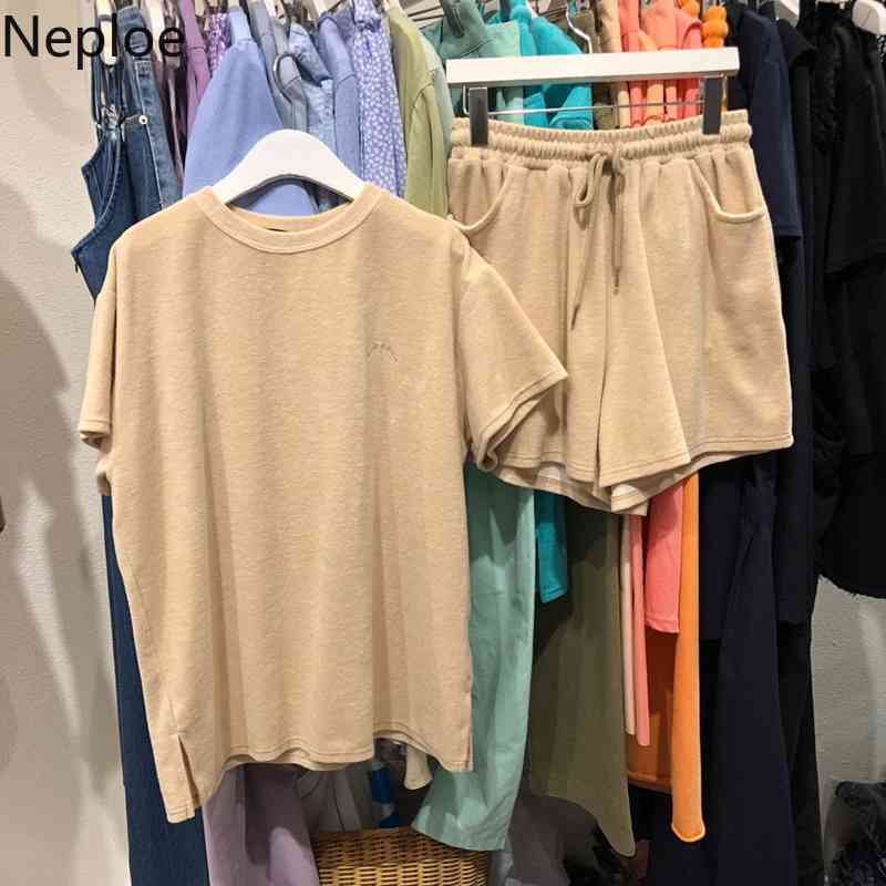 Neploe Women Sets Summer Tracksuit O Neck Short-sleeved T-shirt + Elastic Waist Casual Shorts Loose Two-piece Suit Female 4l238 210422