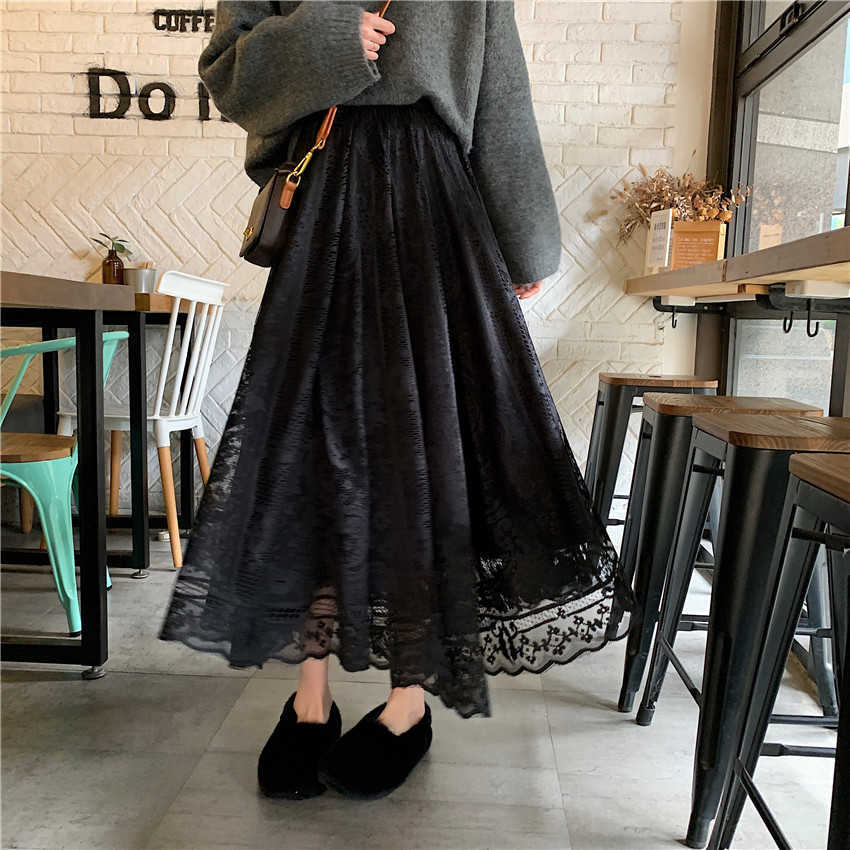 Alien Kitty Elastic High Waist Lace Skirts Spring Autumn Korean Elegant Casual A-line Black Long Skirt Female 210621