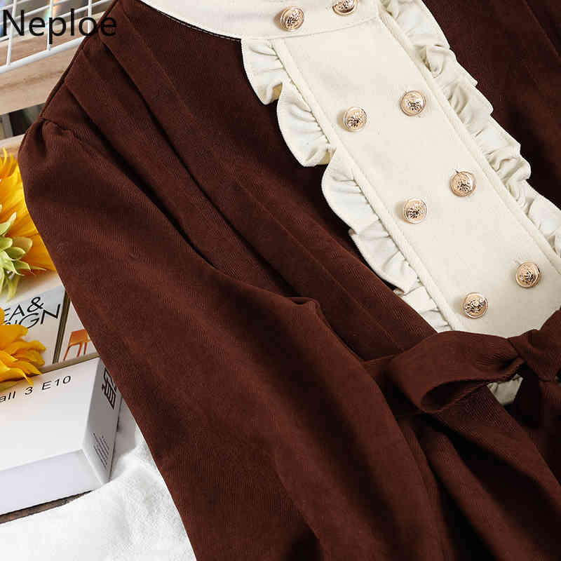 Neploe Stand Neck Dress Woman Dresses Slim Waist Temperament Vestidos Fall Clothes Robe Ruffles Midi Bandage Dresses Women 210422