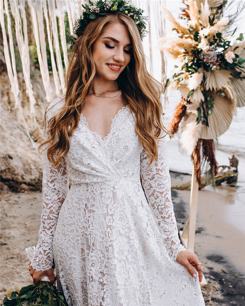 Boho Lace Wedding Dresses For Women Bride 2021 Long Sleeve Backless A-Line Bohemian Bridal Gowns Marriage Dress Vestido De Noiva 0431