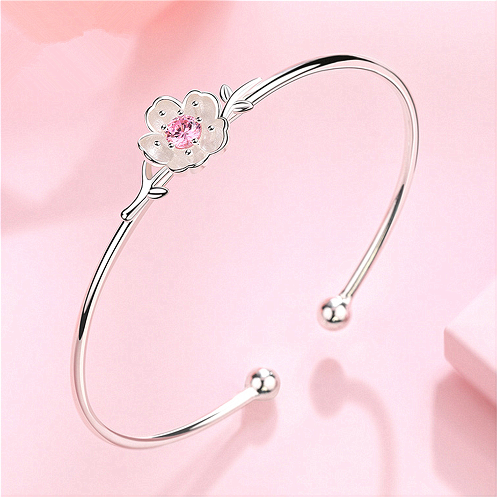 Sterling Silver Plated Cuff Bangle with Rose Quartz & Floral Design - Elegant Womens Jewelery