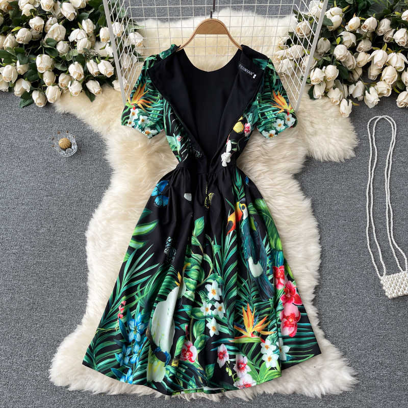 DEAT Women Printing Sandy Beach Dress Round Neck Short Sleeve Arrivals Lady Temperament Fashion Spring Summer 11D610 210709