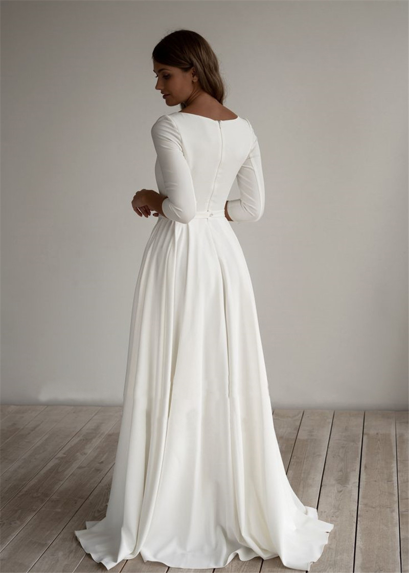 Simple Wedding Dress Long Sleeves A Line Crepe Boat Neck Elegant Bridal Dresses With Pockets Plus Size robe de mariee Free shipping