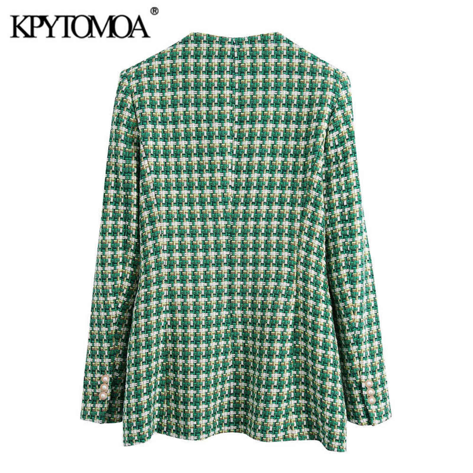 KPYTOMOA Women Fashion Double Breasted Tweed Blazer Coat Vintage Long Sleeve Welt Pockets Female Outerwear Chic Veste Femme 211122