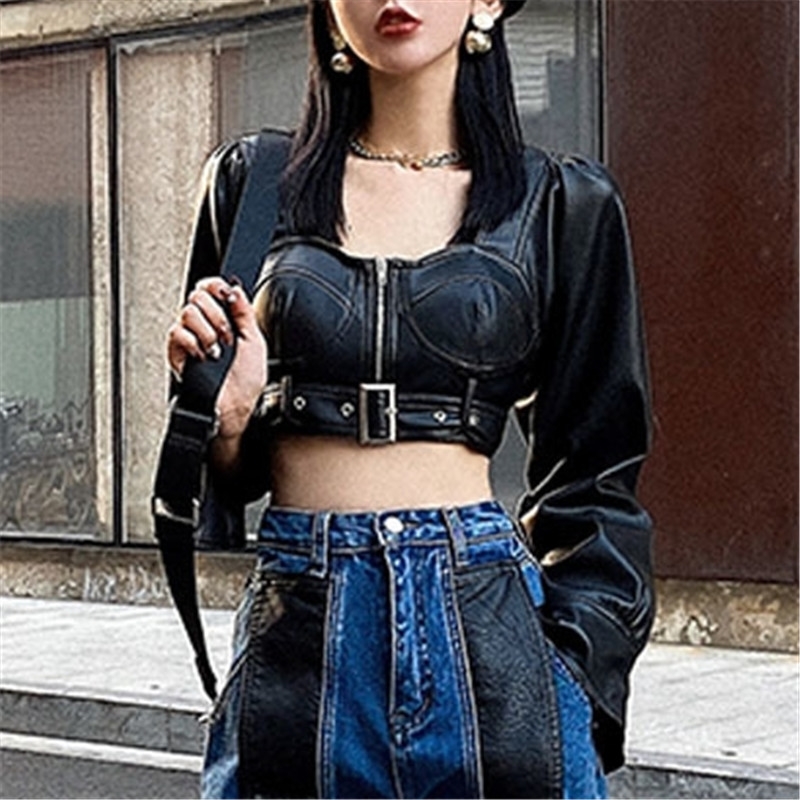 Streetwear Women Faux Leather Jackets Fashion Ladies Zipper Sashes Coats Sexy Female Chic Square Collar Short Jacket 210430