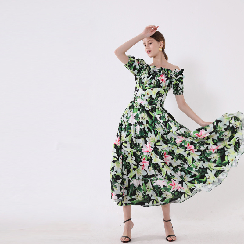 lily flower slash neck ruched high quality dress women summer maxi for party A-line soft robe es vestidos 210421