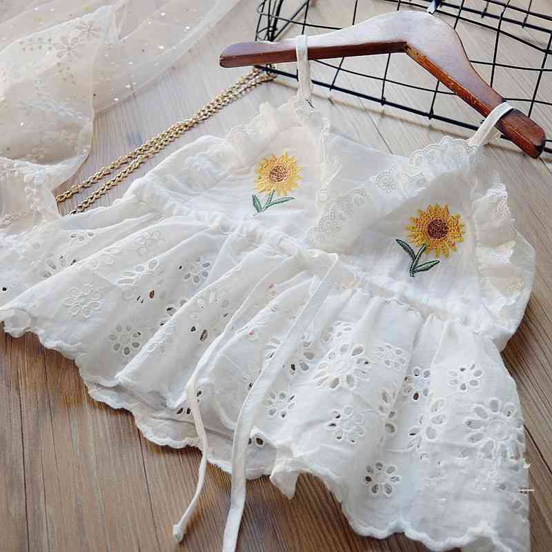 summer girls embroidered lace halter top + jean shorts 2 pieces set kids clothes 210515