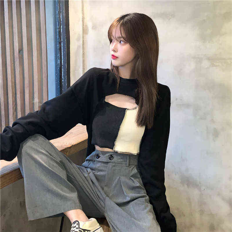 Sweatshirt Women Korean Streetwear Long Sleeve Sweatshirts Pullover+Vest Casual Party Crop Top Autumn Women's Clothing 211109