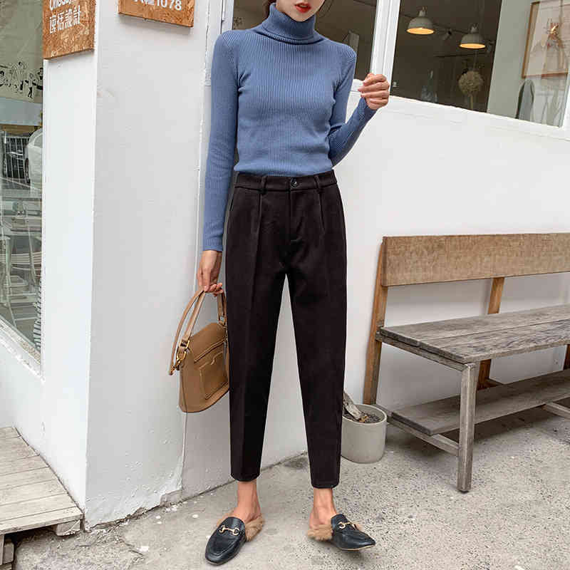 Winter Wool Pants women High Slim Waist Harem Elegant Trousers Female OL Autumn Warm Women's Ankle-Length 210514