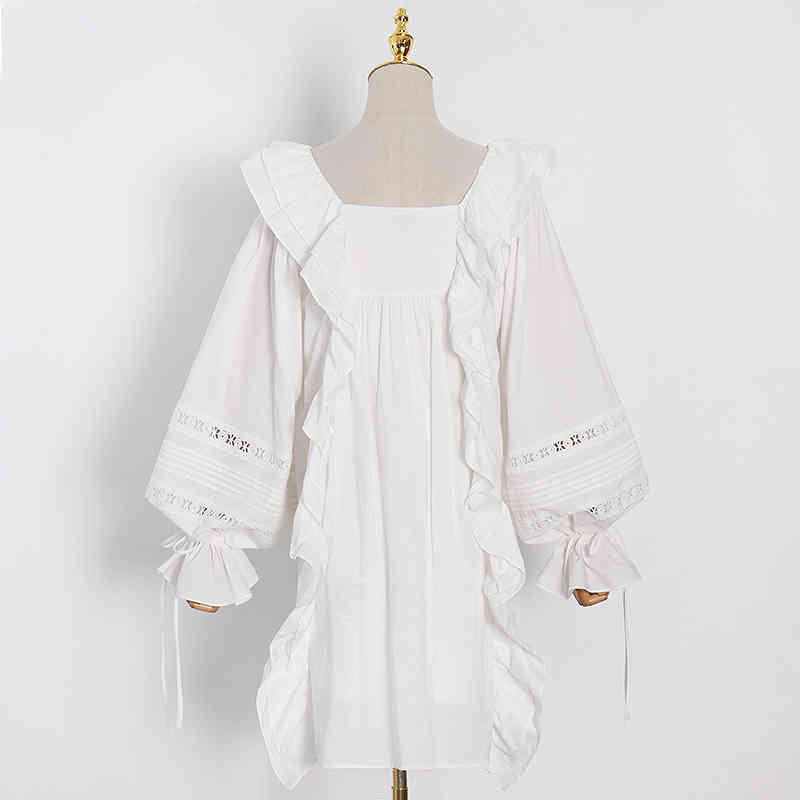 Patchwork Ruffle Lace Dress For Women Square Collar Lantern Sleeve Ruched Casual Loose Dresses Female Fashion 210520