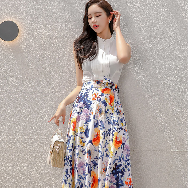 Women Summer 2 Pieces Suits White Sleeveless Shirts Top And Lace-up Print Skirts OL Casual Work Wear Set 210506