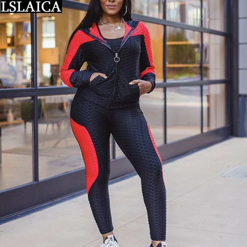 2 Piece Set Elastic Waist Fashion Zipper Pocket Casual Lounge Wear Hooded Collar Color Matching Long Sleeve Tracksuit Women 210515