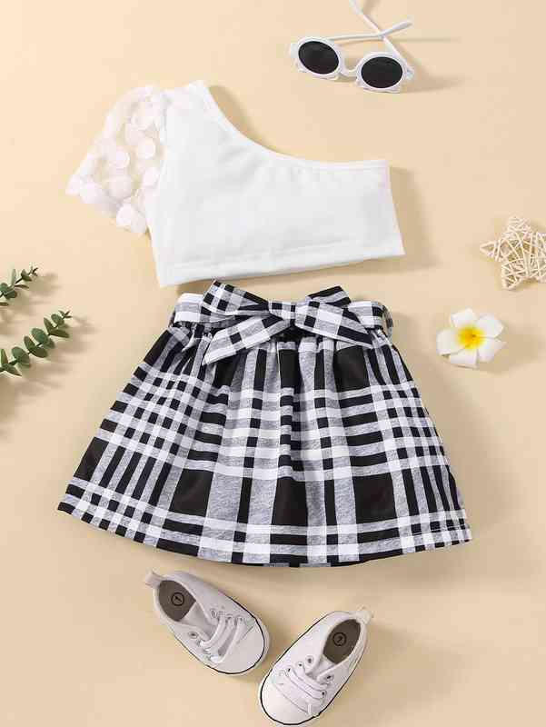 Baby One Shoulder Contrast Polka Dot Mesh Top & Plaid Belted Skirt SHE