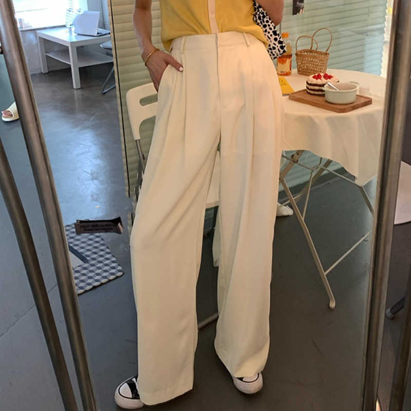Pants Women Spring High Waist Causal Long Trousers Korean Solid Wide Leg Mujer Pantalones 6F583 210603