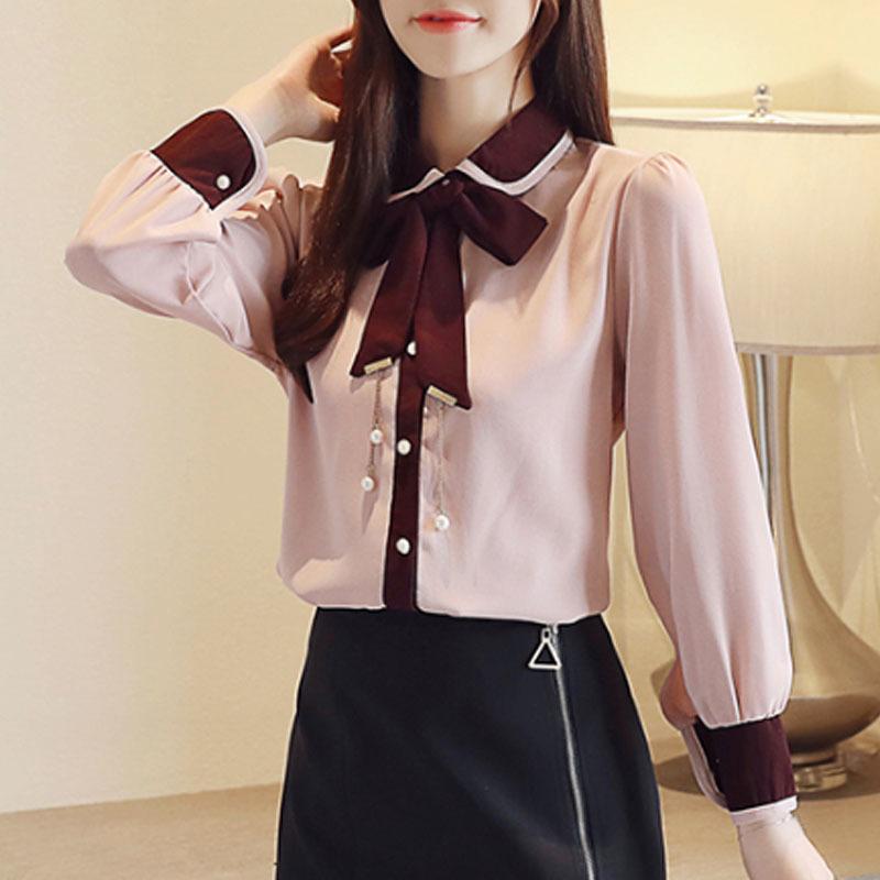 Autumn Fashion Women Chiffon Blouses Long Sleeve Beading Tops Casual Bow Office Lady Clothing 6161 50 210506