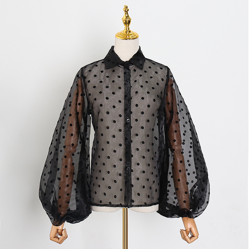 TWOTWINSTYLE Vintage Polka Dot Long Puff Sleeve Womens Tops and Blouses Plus Size Sheer Shirts Summer Clothes Ladies Korean 210317