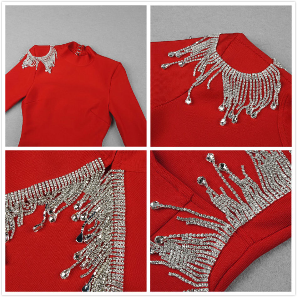 Free Autumn Women Red Tassel Mini Club Bodycon Bandage Dress Sexy Backless Celebrity Runway Party Dresses Vestidos 210524