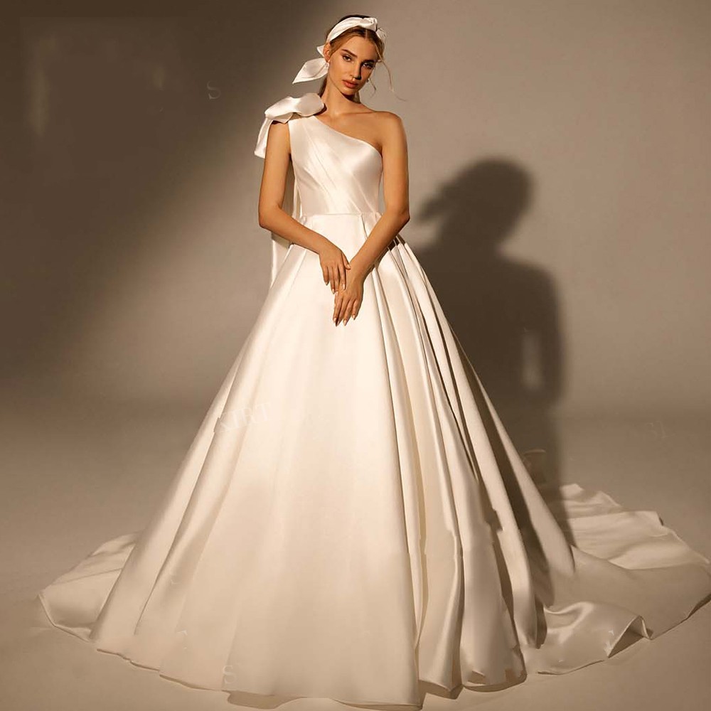 Elegant Bow Satin Wedding Dress 2022 New Fashion One Shoulder A-Line Train Bride Gown Princess Vestido De Novia Mariage