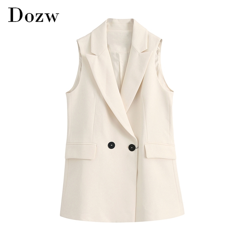 Solid Casual Blazer Vest Women Office Wear Double Breasted Waistcoat Ladies Fashion Pockets Sleeveless Jacket Coats 210515